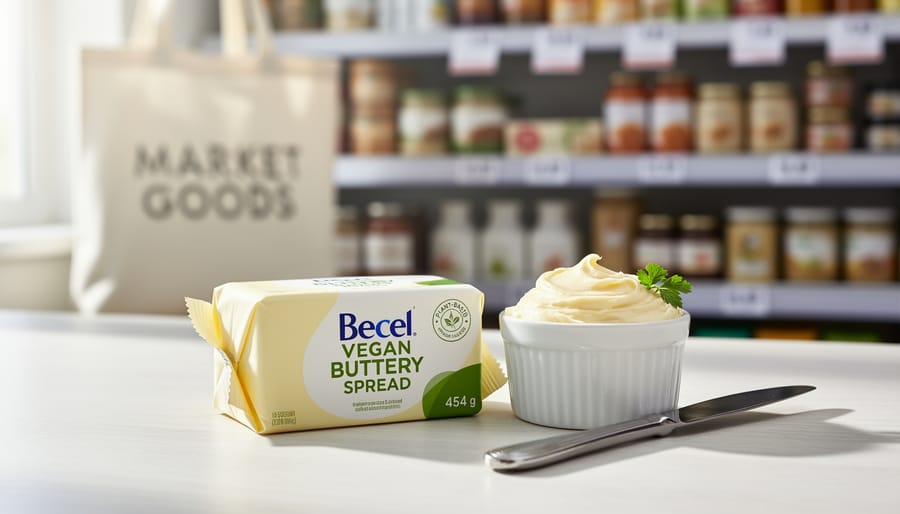 Close-up of vegan butter on a countertop with a ramekin of spread and subtle grocery shopping background elements, representing typical Canadian retail shopping context.