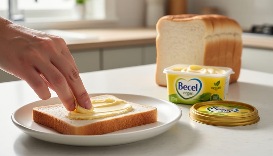 Vegan butter being spread onto whole-grain bread on a wooden cutting board in a bright kitchen.