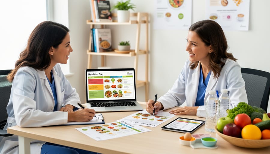 Nutrition professional discussing prepared foods and fresh produce at a kitchen table