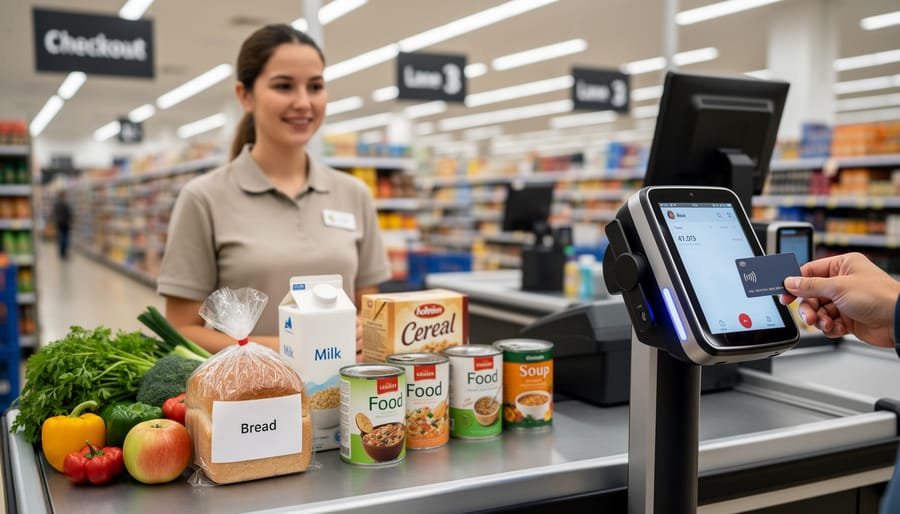 Items in a grocery basket at checkout, including a brick-style vegan butter block and bread.