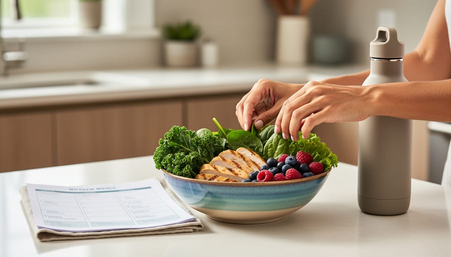 Hands arranging a colorful balanced meal in a kitchen, with leafy greens and berries, representing a personalized nutrition program.