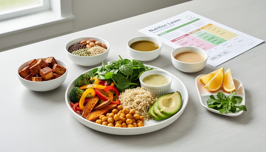 Plant-based meal spread with grains, roasted vegetables, tofu, nuts, and sauce on a wooden table