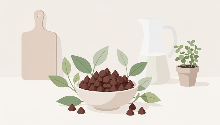 Vegan chocolate chips and cocoa powder in a plant-based kitchen still life