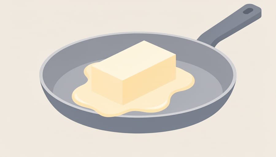 Close-up of melted vegan butter pouring into a pan with a spoon, showing a smooth buttery texture.