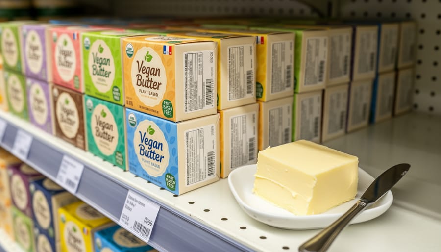 Vegan butter blocks and a small dish of softened butter on a grocery shelf with blurred aisle background.