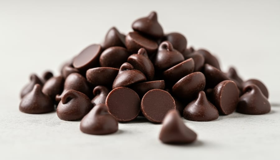 Close-up of vegan chocolate chips in a wooden bowl on a light stone countertop