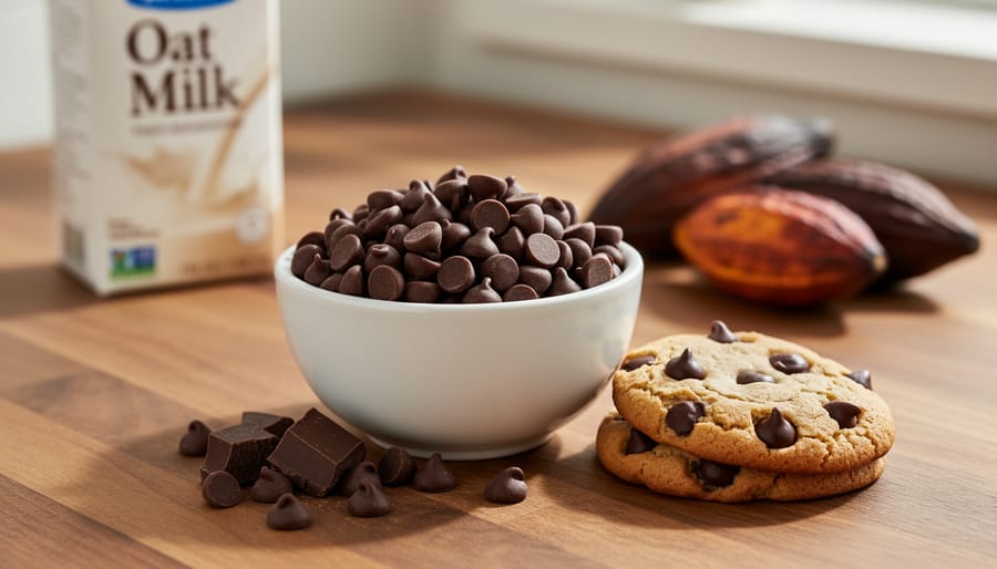 Close-up of dairy-free vegan chocolate chips in a ceramic bowl next to a chocolate chip cookie on a wooden countertop.