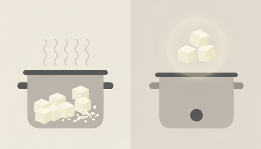 Hand adding cubed tofu into a slow cooker during the final stage of cooking for the best texture.