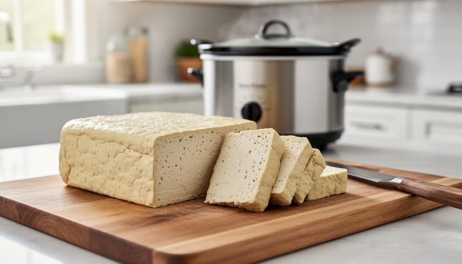 Firm tofu blocks on a cutting board next to a chef’s knife, ready to be cubed for slow cooking.