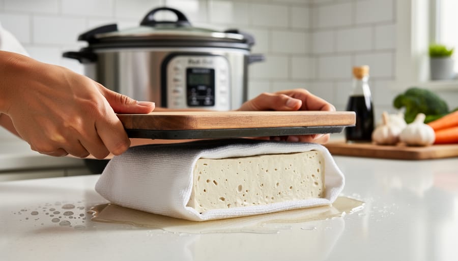 Person pressing firm tofu on a cutting board with a tofu press in a home kitchen