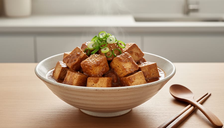 Finished bowl of slow-cooked tofu glazed with sauce served with rice and vegetables