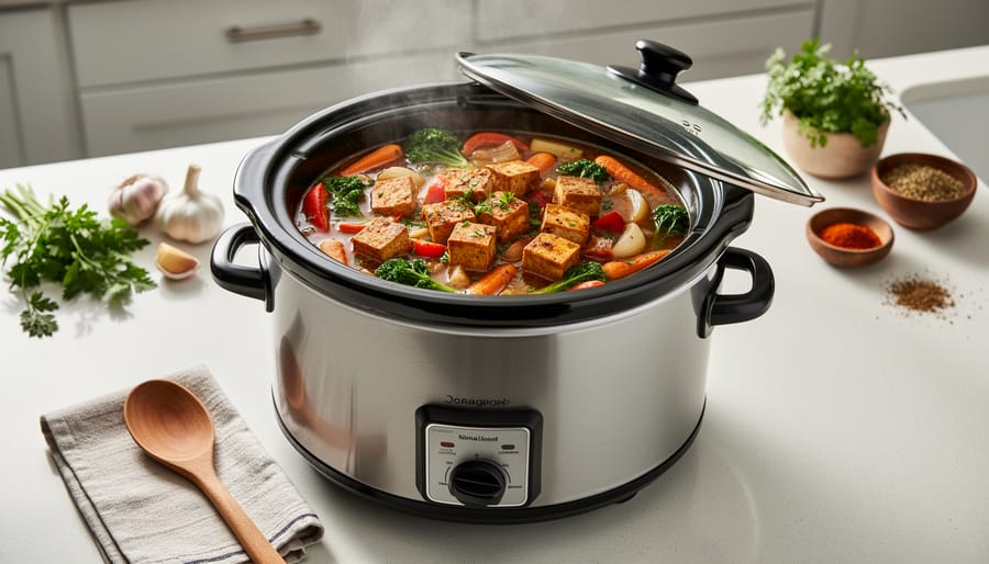 Creamy slow cooker tofu curry being served with a wooden spoon, with vegetables visible in the sauce.