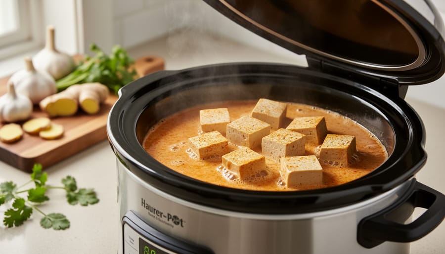 Cubes of pressed tofu being added to a slow cooker with creamy spiced sauce simmering, shown in a cozy kitchen close-up.
