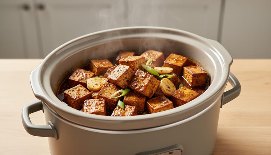 Slow cooker with tofu cubes simmering in glossy sauce with steam rising