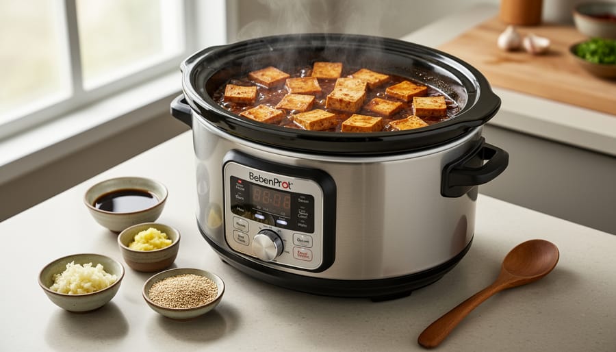 Cubed tofu simmering in a slow cooker with steaming savory sauce, with marinade ingredients and a wooden spoon nearby on a kitchen counter.